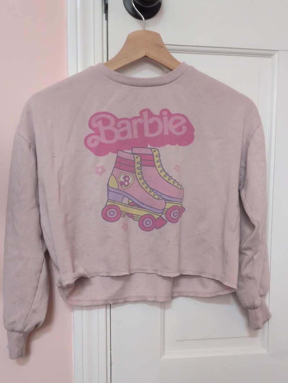 Kids Barbie Light Pink Cropped Sweatshirt with Roller Skate Graphic